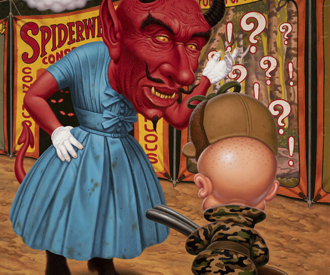 a painting by todd schorr featuring a red devil in a blue dress at a carnival thinking about a fish, facing towards the viewer, talking to the cartoon character elmer fudd who is dressed in camo and is holding a rifle with his back towards the viewer