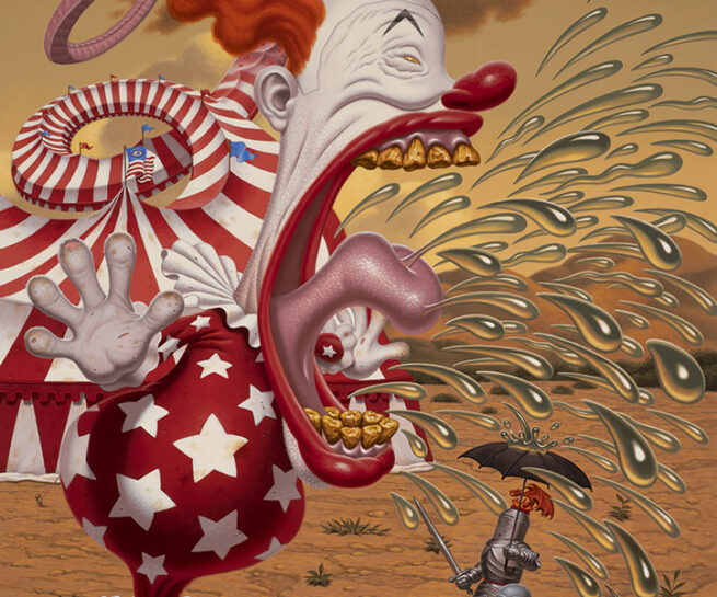 painting by todd schorr featuring a cloud with spittle spraying out of his mouth onto an alien and a robot holding an umbrella