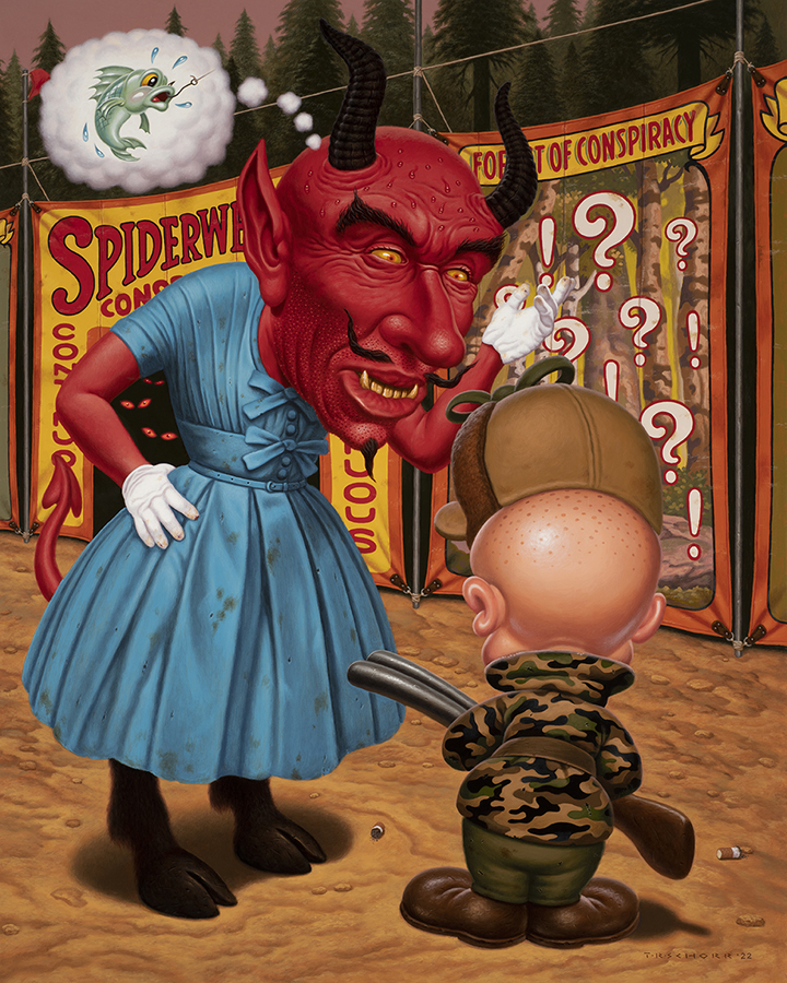 a painting by todd schorr featuring a red devil in a blue dress at a carnival thinking about a fish, facing towards the viewer, talking to the cartoon character elmer fudd who is dressed in camo and is holding a rifle with his back towards the viewer
